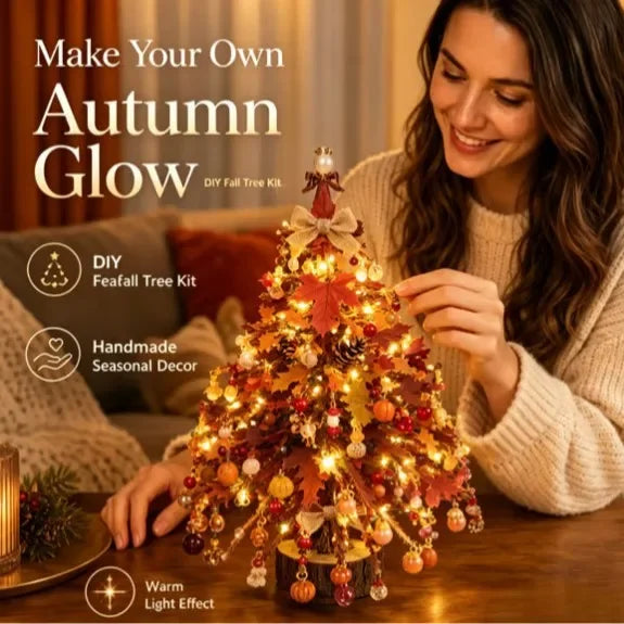 A woman is decorating a DIY Fall Tree Glow kit with warm lights and seasonal decorations.