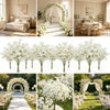 A collection of artificial baby's breath bouquets and floral arrangements used for weddings and events.