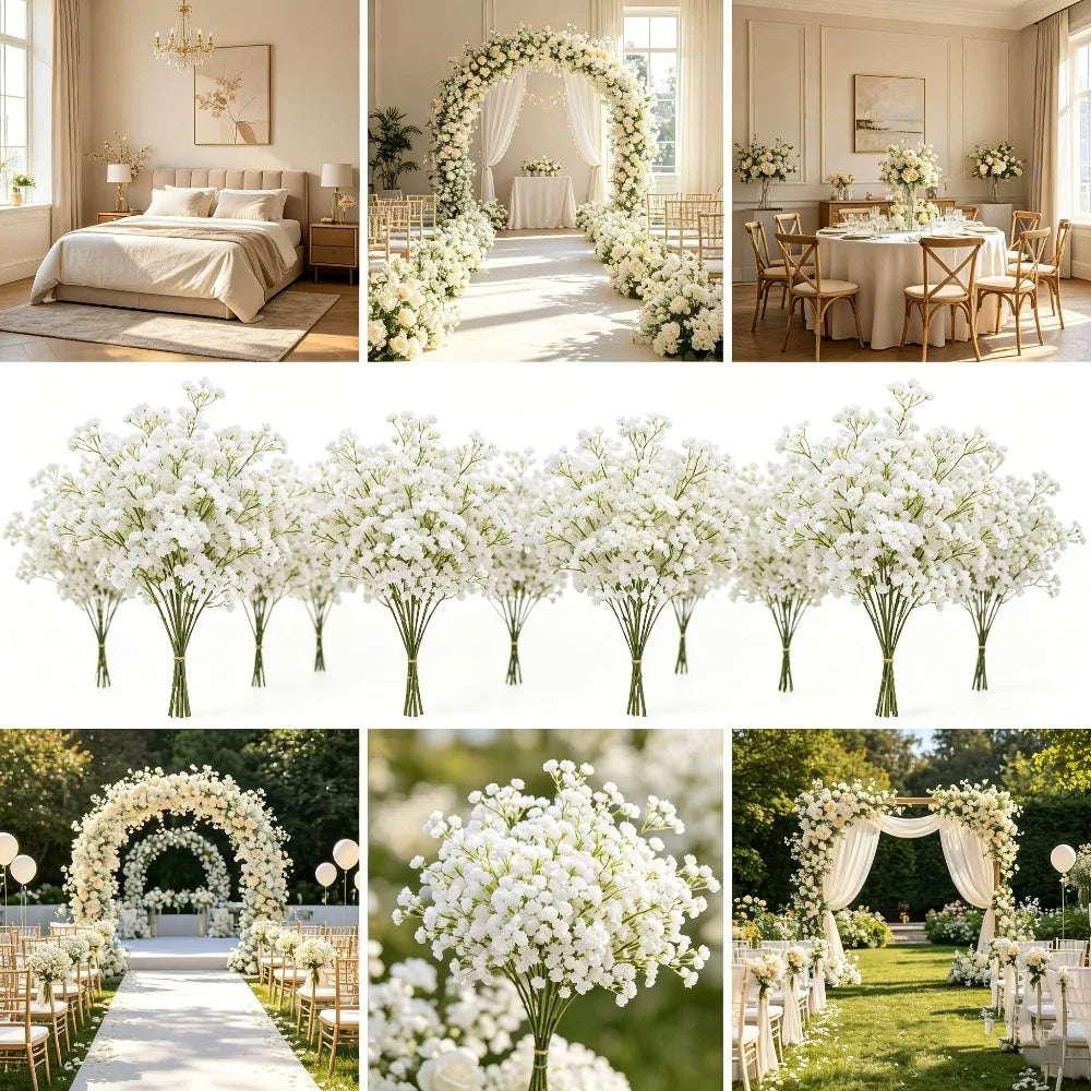 A collection of artificial baby's breath bouquets and floral arrangements used for weddings and events.
