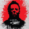 A distressed red splatter background featuring a silhouette of Michael Myers' head and shoulders.