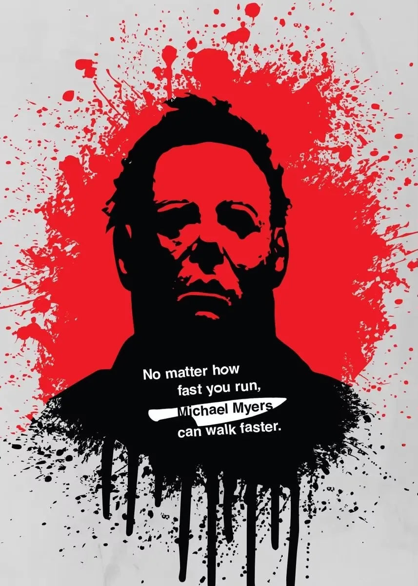 A distressed red splatter background featuring a silhouette of Michael Myers' head and shoulders.