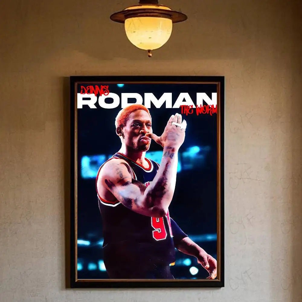 A framed poster featuring a portrait of Dennis Rodman in a basketball uniform.