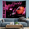 A dark tapestry featuring a glamorous woman in a car with pink lighting and purple accents.