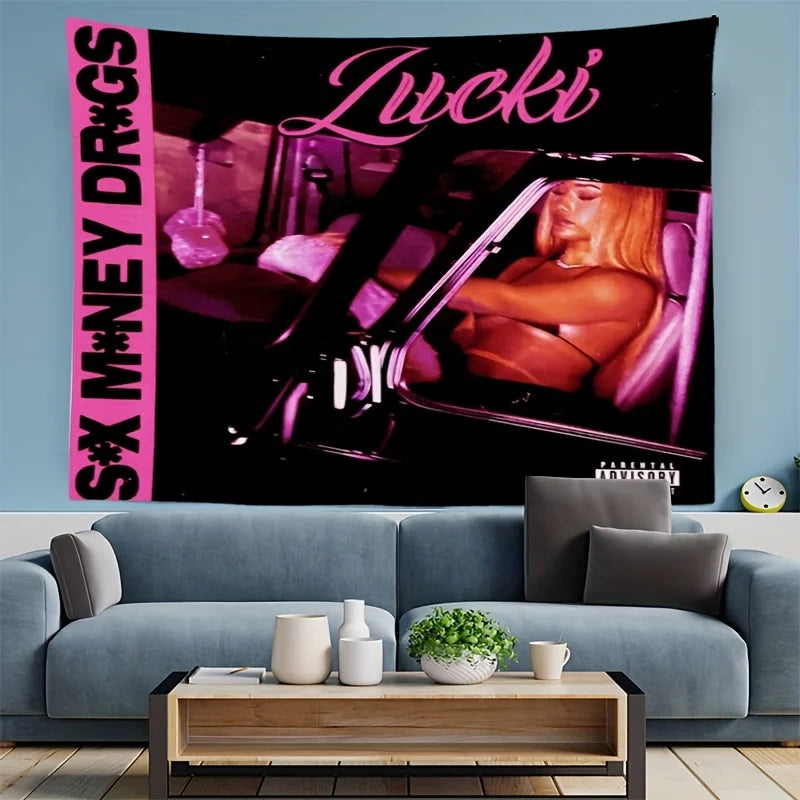 A dark tapestry featuring a glamorous woman in a car with pink lighting and purple accents.