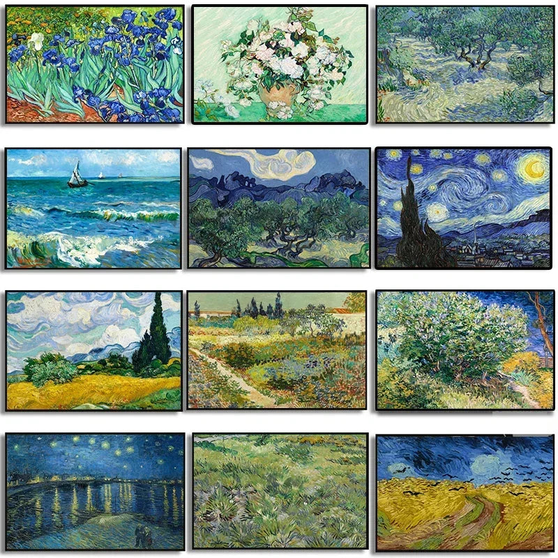 A collection of nine paintings featuring vibrant landscapes and floral subjects in the style of Van Gogh.