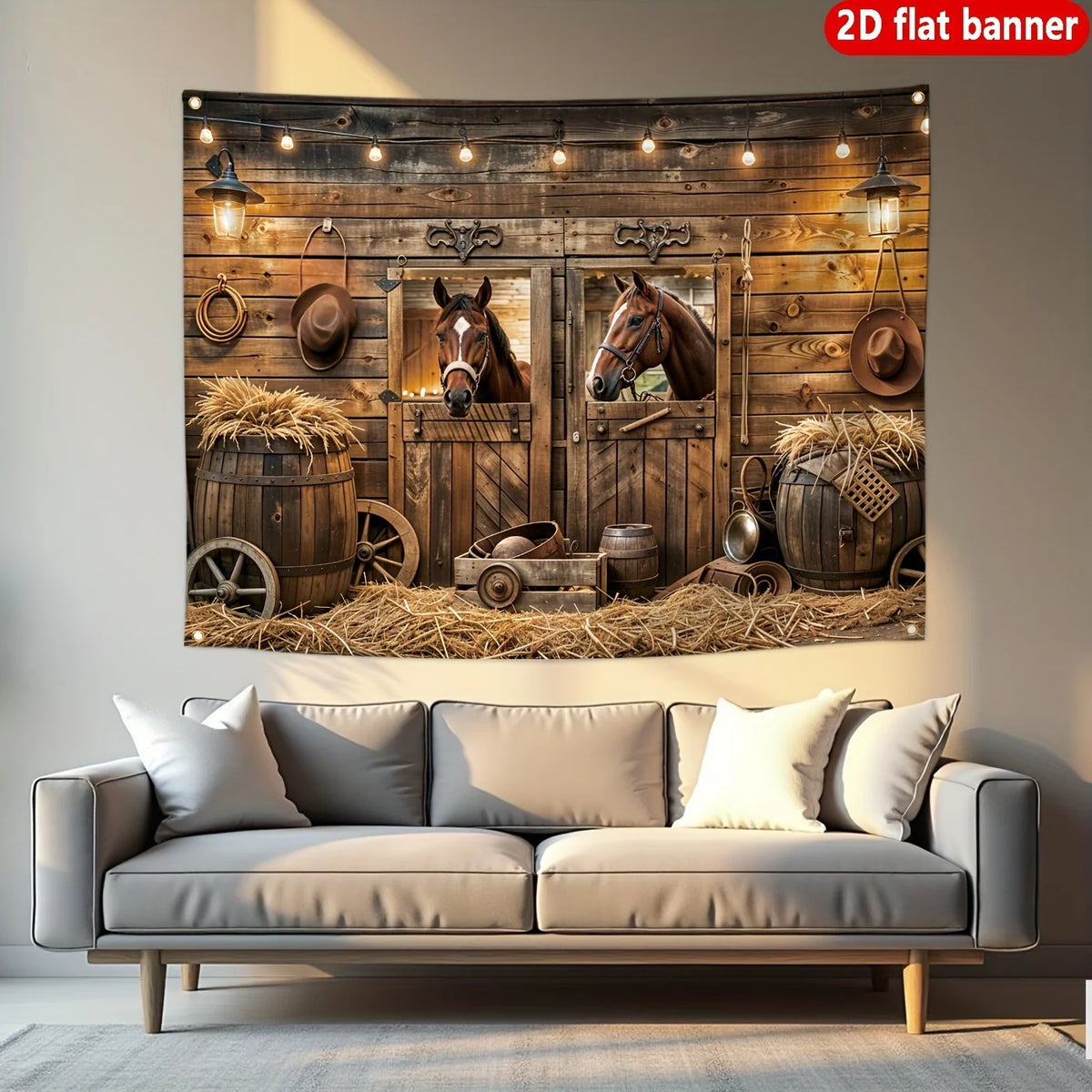 A rustic western horse barn wall tapestry featuring wooden doors, tack, and hay, displayed above a modern sofa.