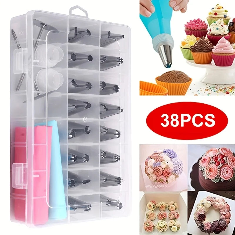 A clear plastic storage box containing a complete 38-piece cake decorating set with piping nozzles and tools.