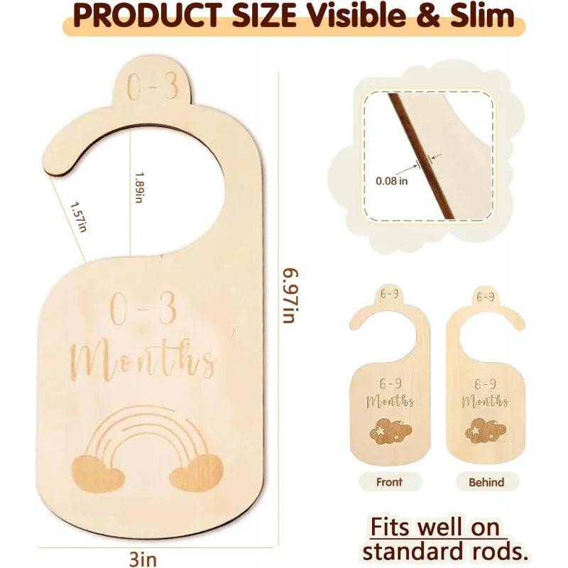 Light wood baby closet dividers with rainbow and cloud designs for infants