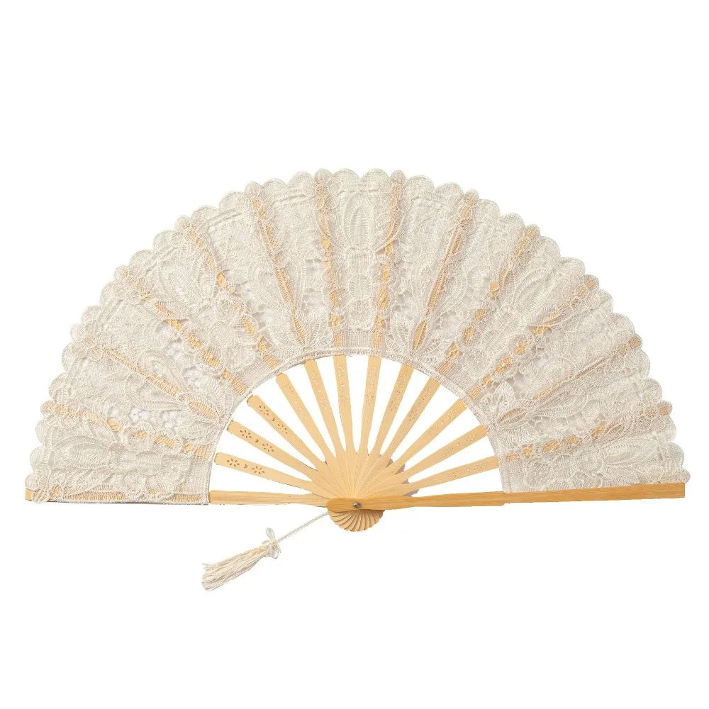 Vintage lace hand fan with a light beige, fan-shaped structure and a tassel pendant.