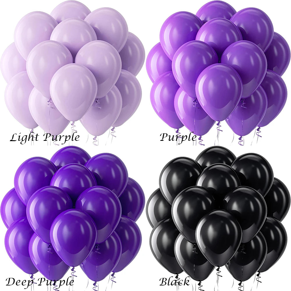 A set of latex balloons in light purple, purple, and black colors.