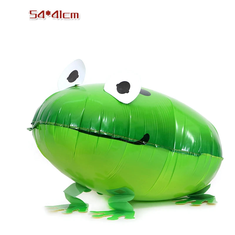 A green cartoon farm animal foil balloon with white eyes and a black nose.