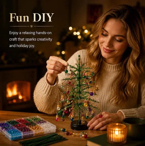A woman is crafting a sparkling crystal bead Christmas tree kit indoors.