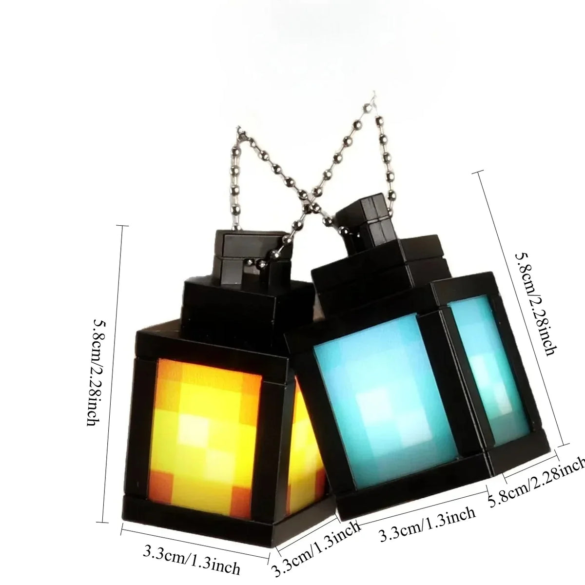 A black pixel style RGB night light lantern with a chain detail and glowing blue and yellow lights.