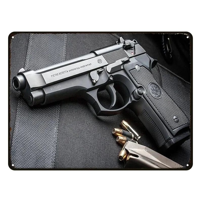 Vintage Beretta Pistol Metal Sign - Rustic Wall Art Decor