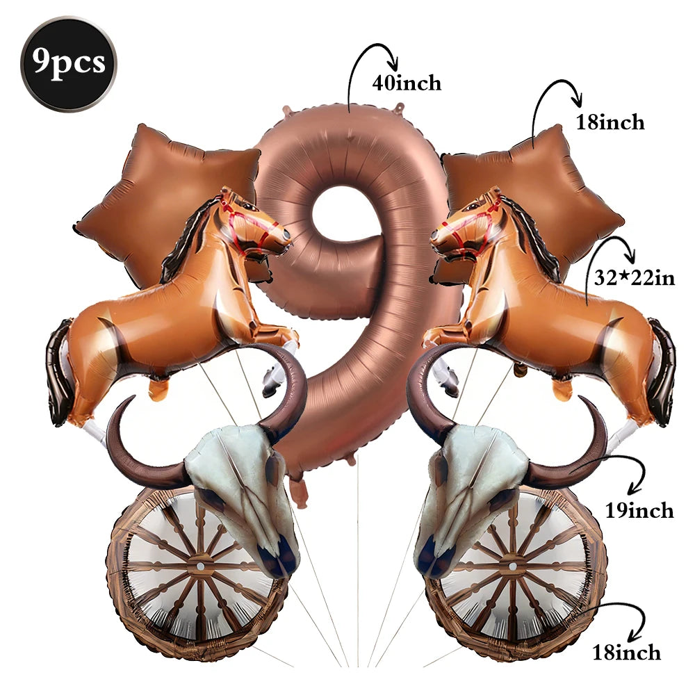 A set of foil balloons shaped like a number 9 and two horses with decorative wheels.
