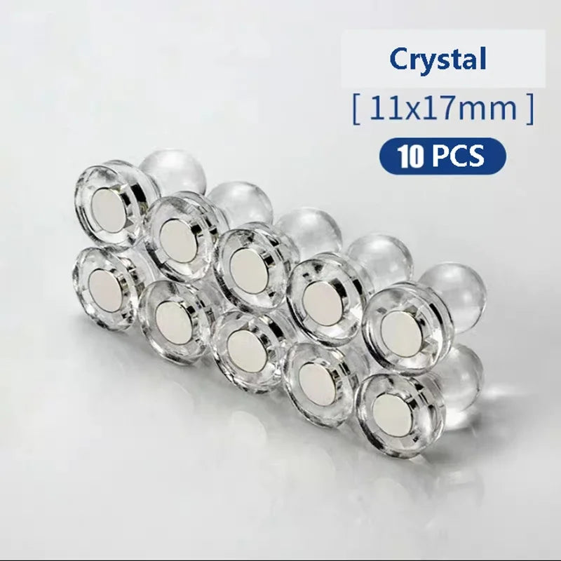 A pack of 10 clear crystal pin magnets with plastic shells, measuring 11x17mm.