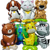 A set of six foil balloons shaped like various jungle and safari animals including a lion, tiger, bear, cat, zebra, and giraf