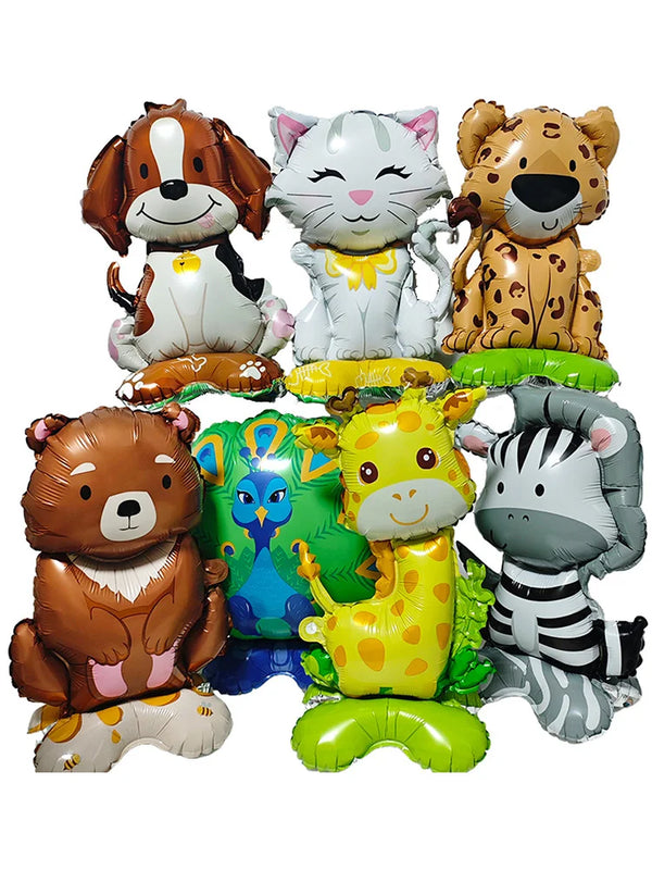 A set of six foil balloons shaped like various jungle and safari animals including a lion, tiger, bear, cat, zebra, and giraf