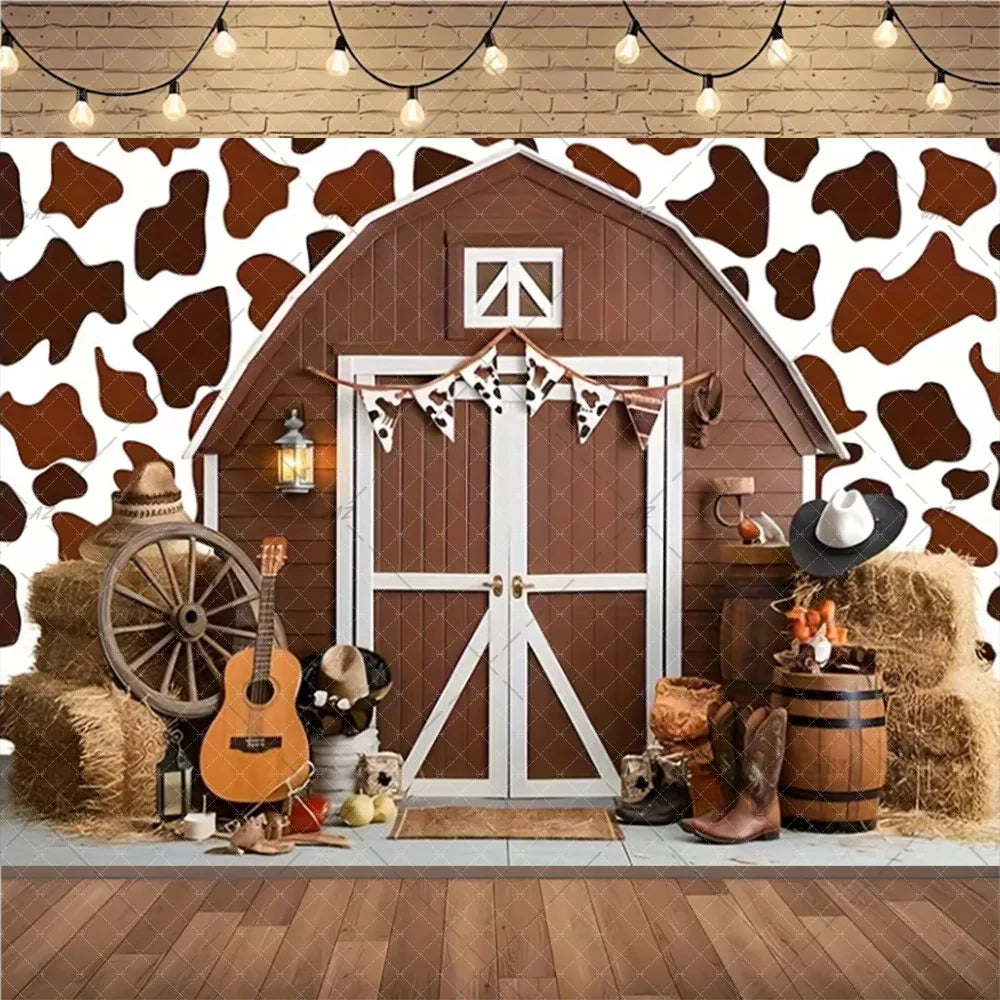 A rustic wooden barn door backdrop featuring a white door and decorative elements against a patterned wall.