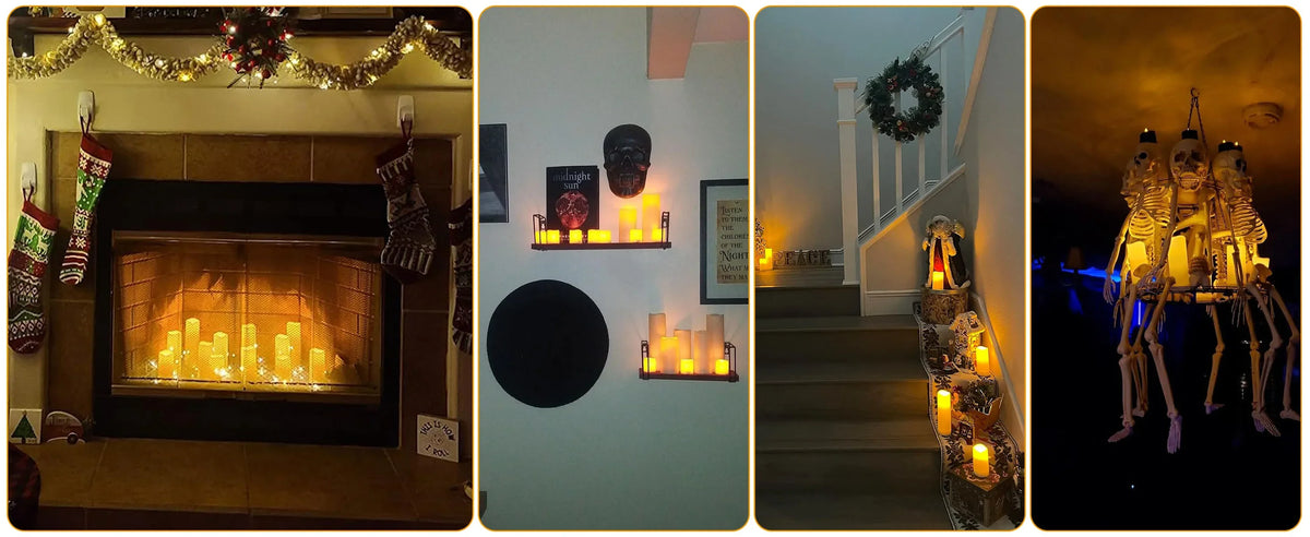 Flameless LED candles with realistic 3D flickering flame displayed in various indoor settings.