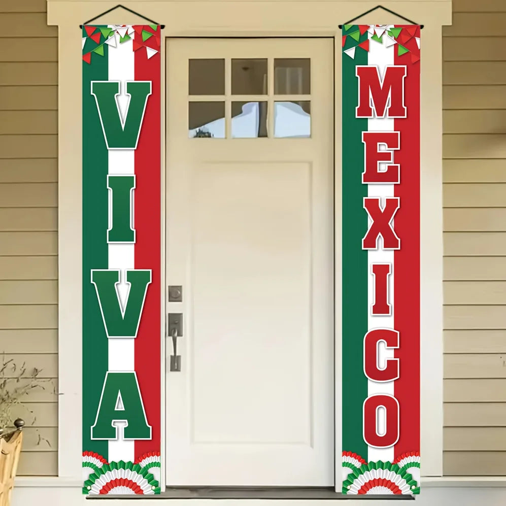 Independence Day porch banner featuring the words VIVA MEXICO in green and red with patriotic accents