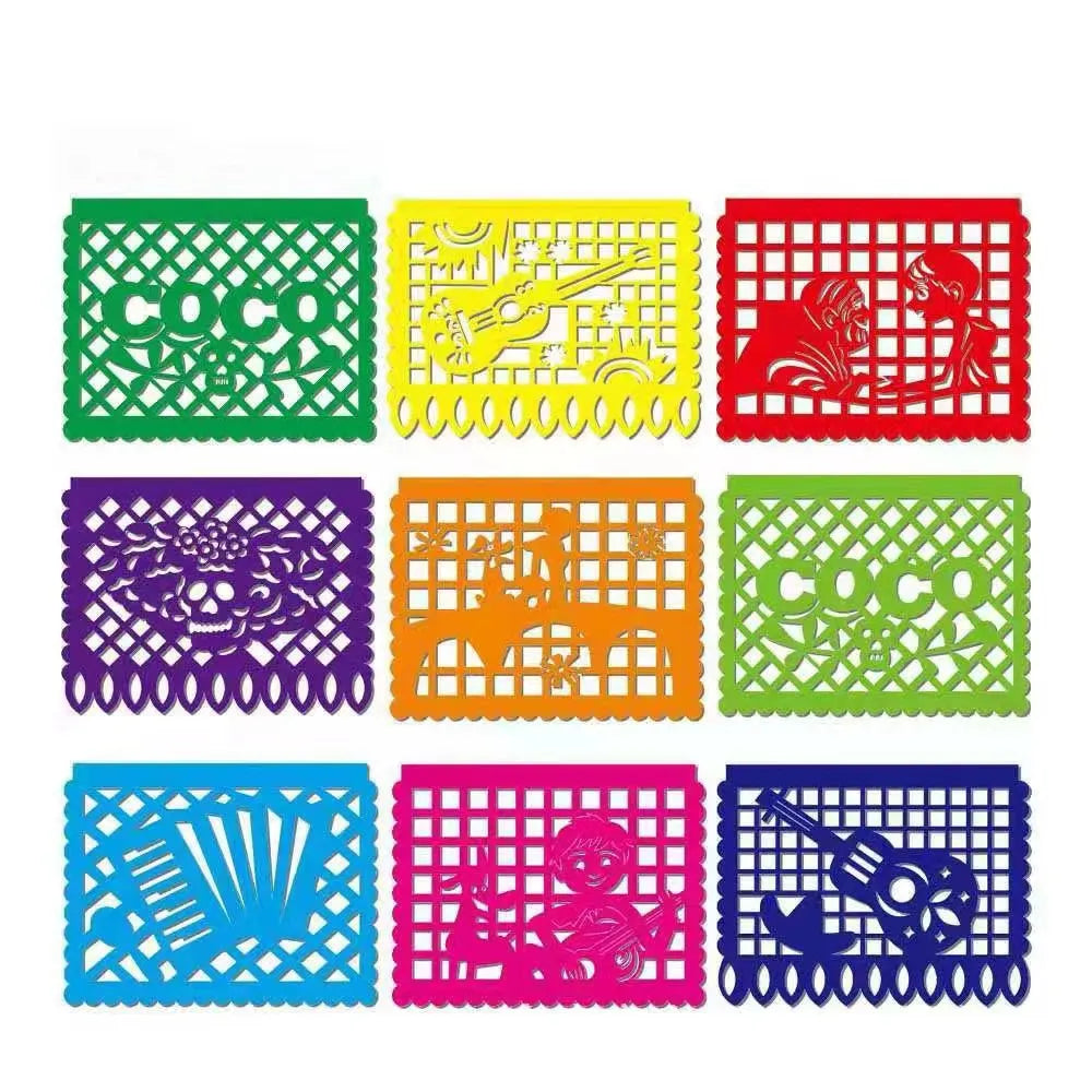 A set of nine decorative felt flags in various colors and designs for party decorations