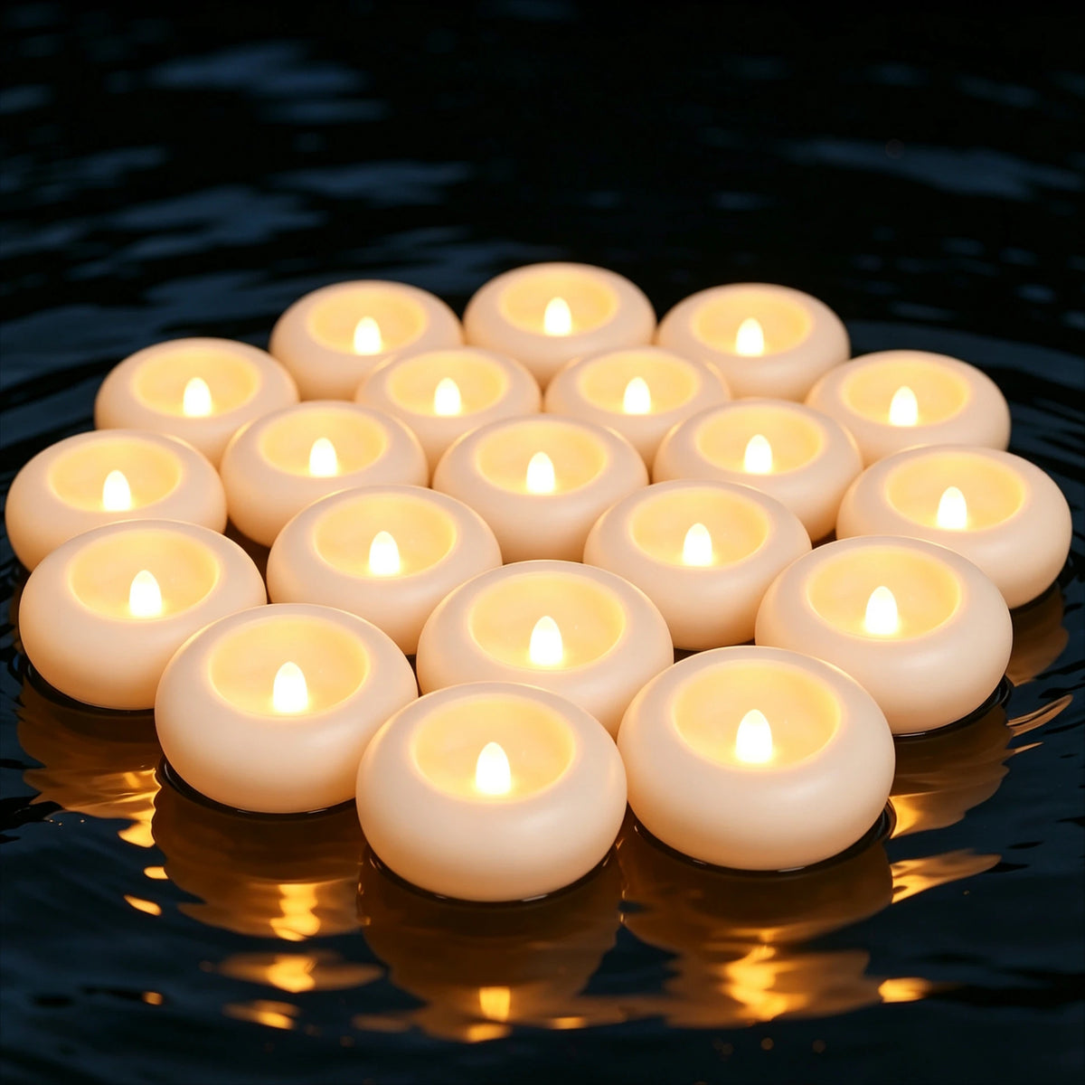 A cluster of floating LED candles casting a warm glow on dark water.