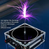 A device demonstrating electrical discharge, producing purple sparks and tones, set within a clear box.