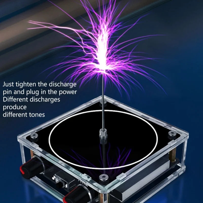 A device demonstrating electrical discharge, producing purple sparks and tones, set within a clear box.