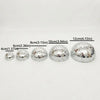 A set of six silver disco balls of varying sizes, with measurements ranging from 4cm to 12cm.