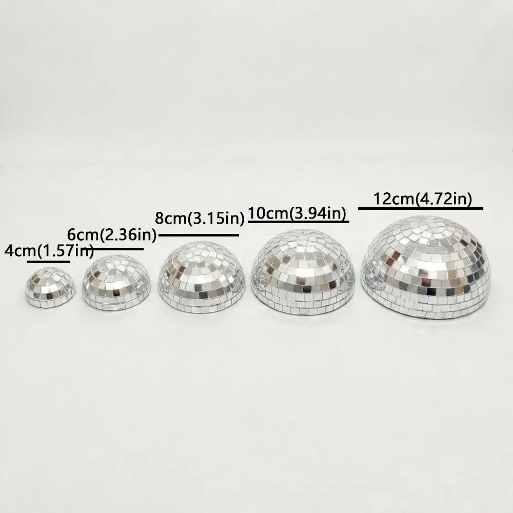 A set of six silver disco balls of varying sizes, with measurements ranging from 4cm to 12cm.