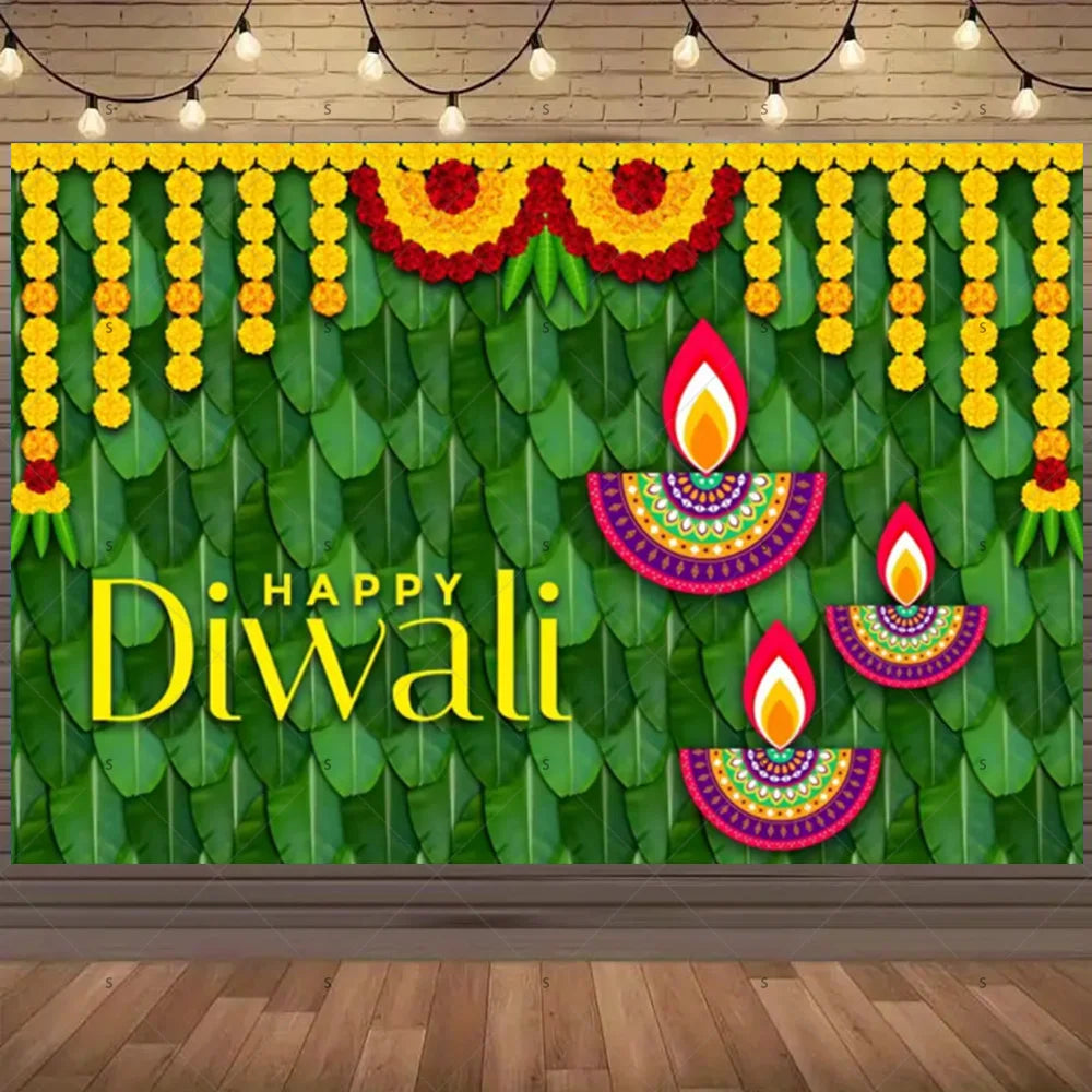 A festive backdrop featuring green leaves and yellow marigold garlands with the text Happy Diwali