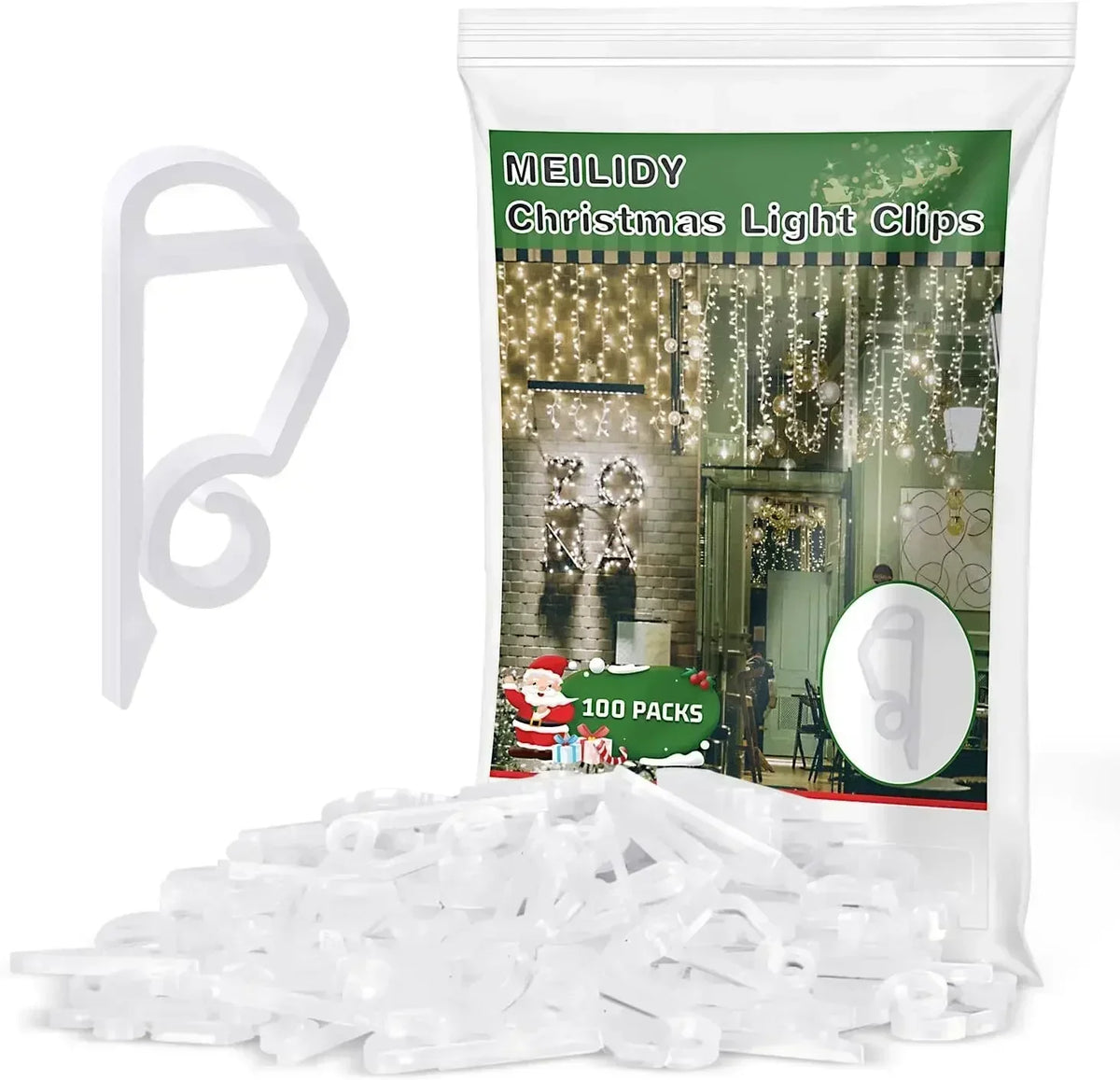 A bag of Meilidy Christmas light clips with a loose pile of clear plastic clips displayed next to the packaging.