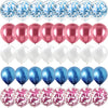 A set of balloons featuring blue and pink confetti for a gender reveal event.