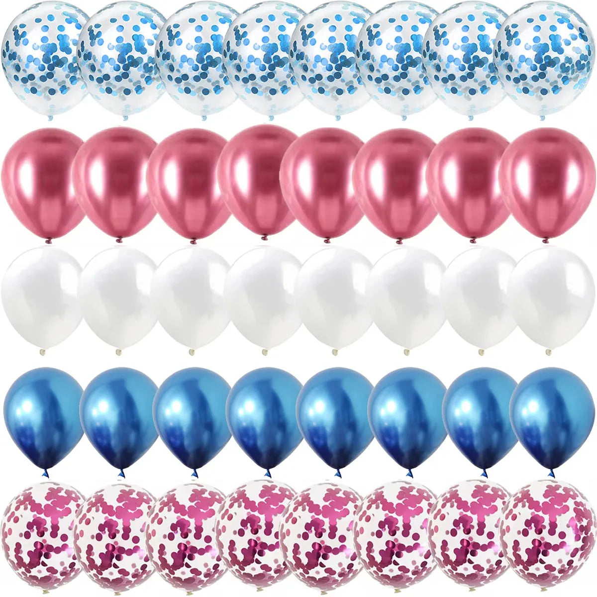 A set of balloons featuring blue and pink confetti for a gender reveal event.