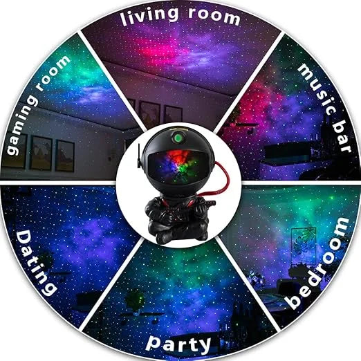 A circular display showing various room themes like living room, gaming room, music bar, dating, party, and bedroom, with an 