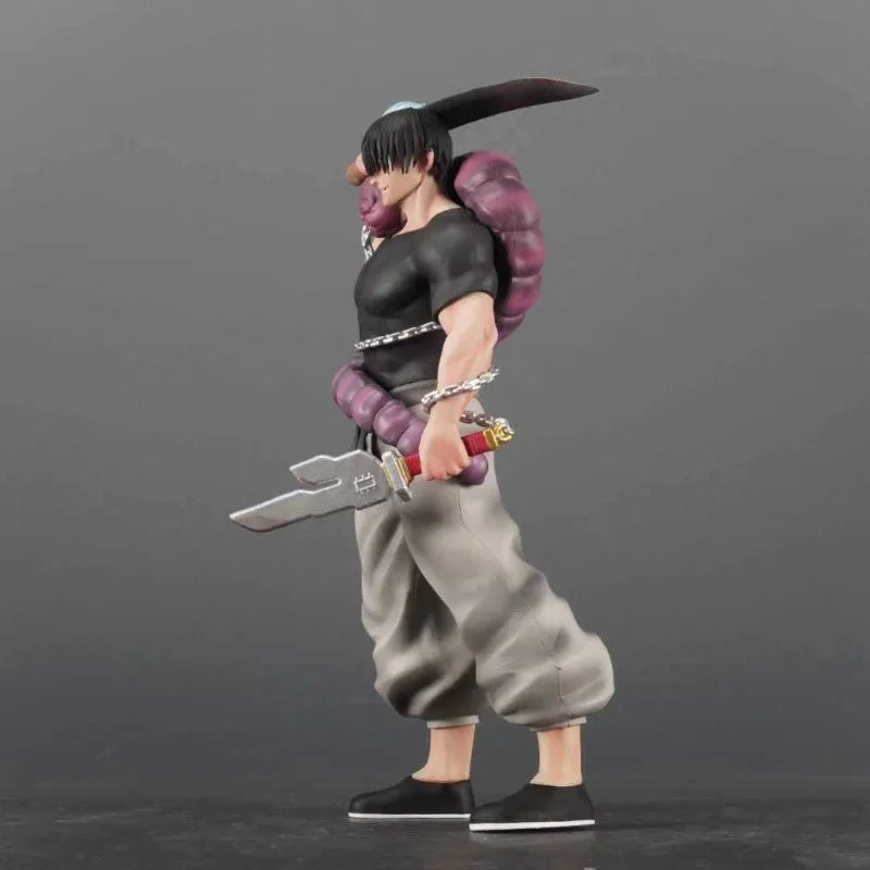 A figurine of Suguru Geto from Jujutsu Kaisen, featuring dark hair, a purple accessory, and a sword.