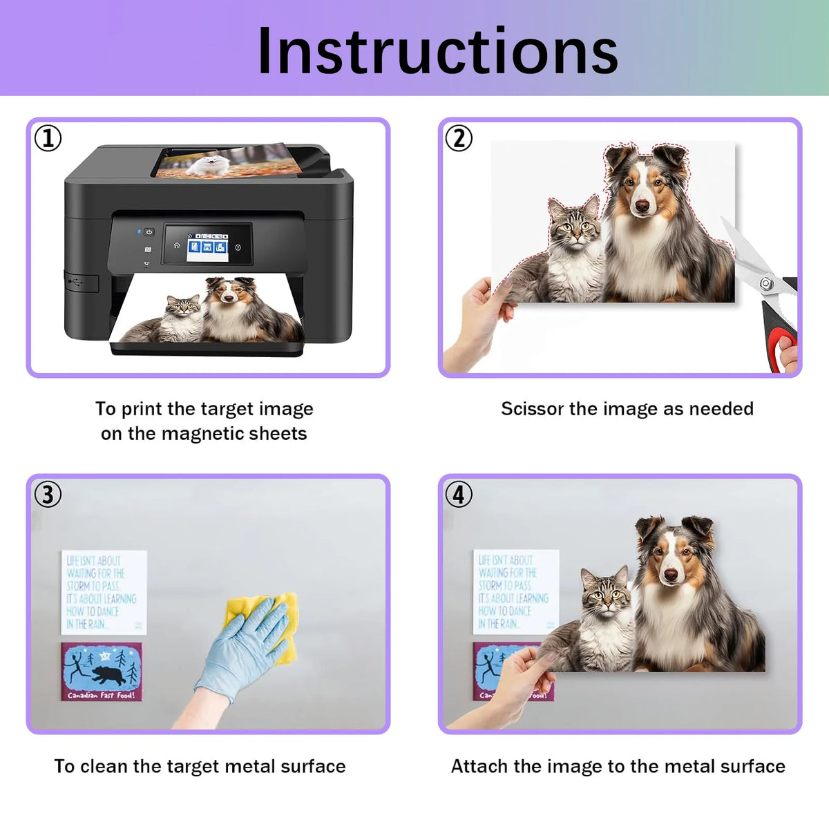 Instructions showing how to print an image on magnetic sheets and attach them to a metal surface