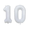 Two white helium foil number balloons, one '1' and one '0', for a birthday party.
