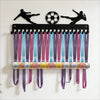 A black metal display rack with 20 hooks for wall mounting, featuring various colored ribbons and medals.