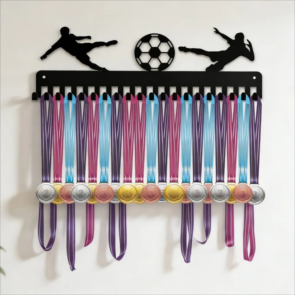 A black metal display rack with 20 hooks for wall mounting, featuring various colored ribbons and medals.