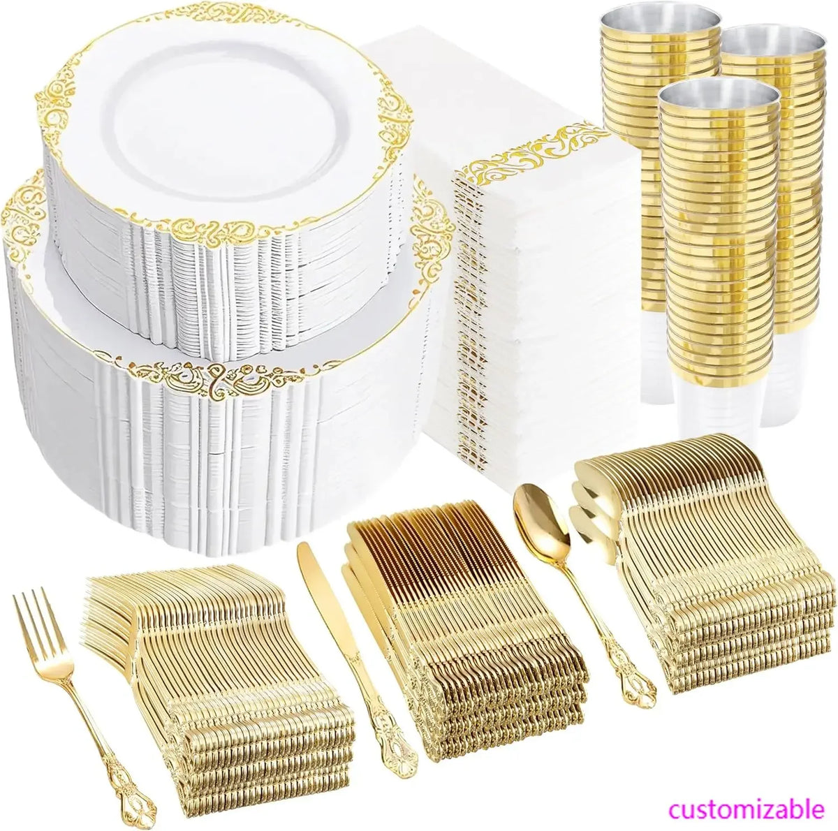 Set gold-weißes Plastik-Essgeschirr inklusive Teller, Tassen und Besteck.