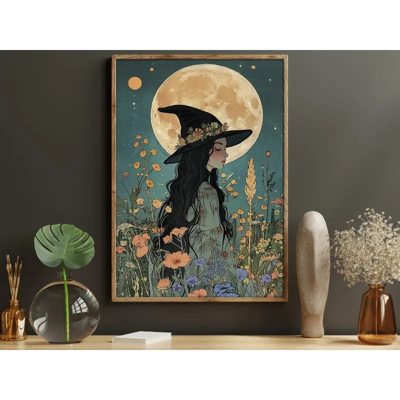 Canvas wall art depicting a dark witch silhouette against a large full moon and a field of wildflowers.