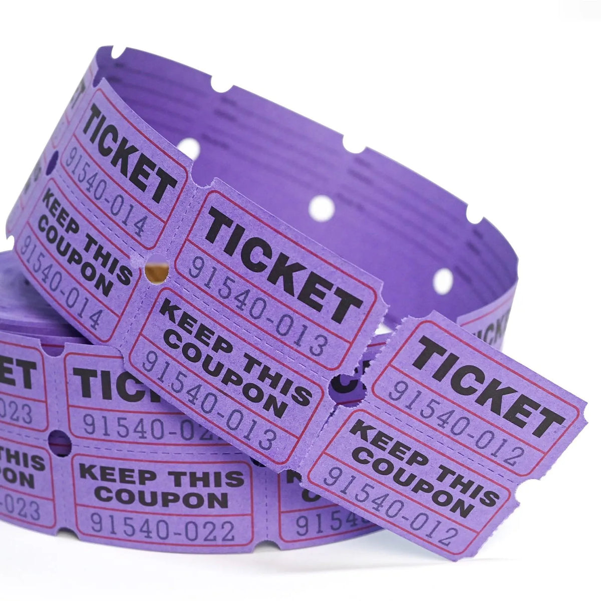 Purple tearable raffle tickets with ticket numbers and coupon instructions stacked on a white background