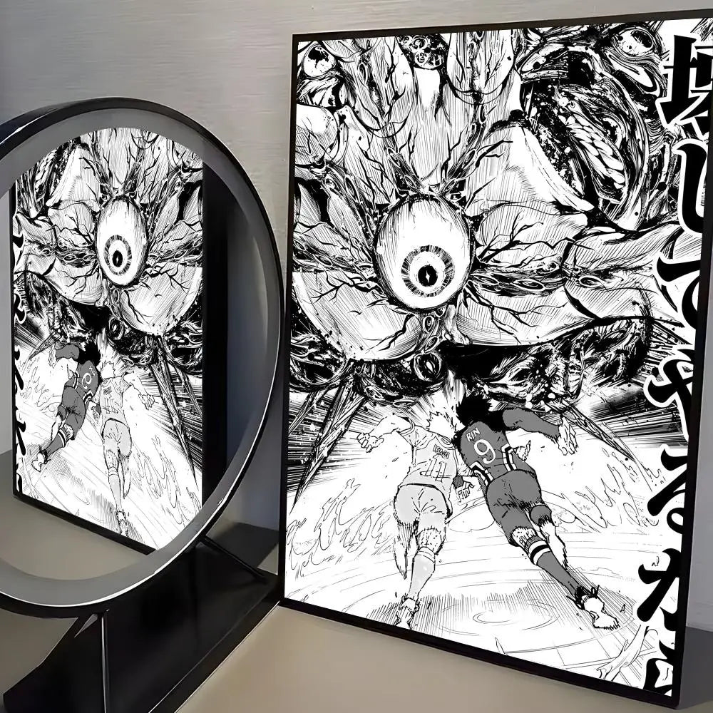 A canvas print featuring a dynamic, black and white illustration of a character in a soccer uniform.