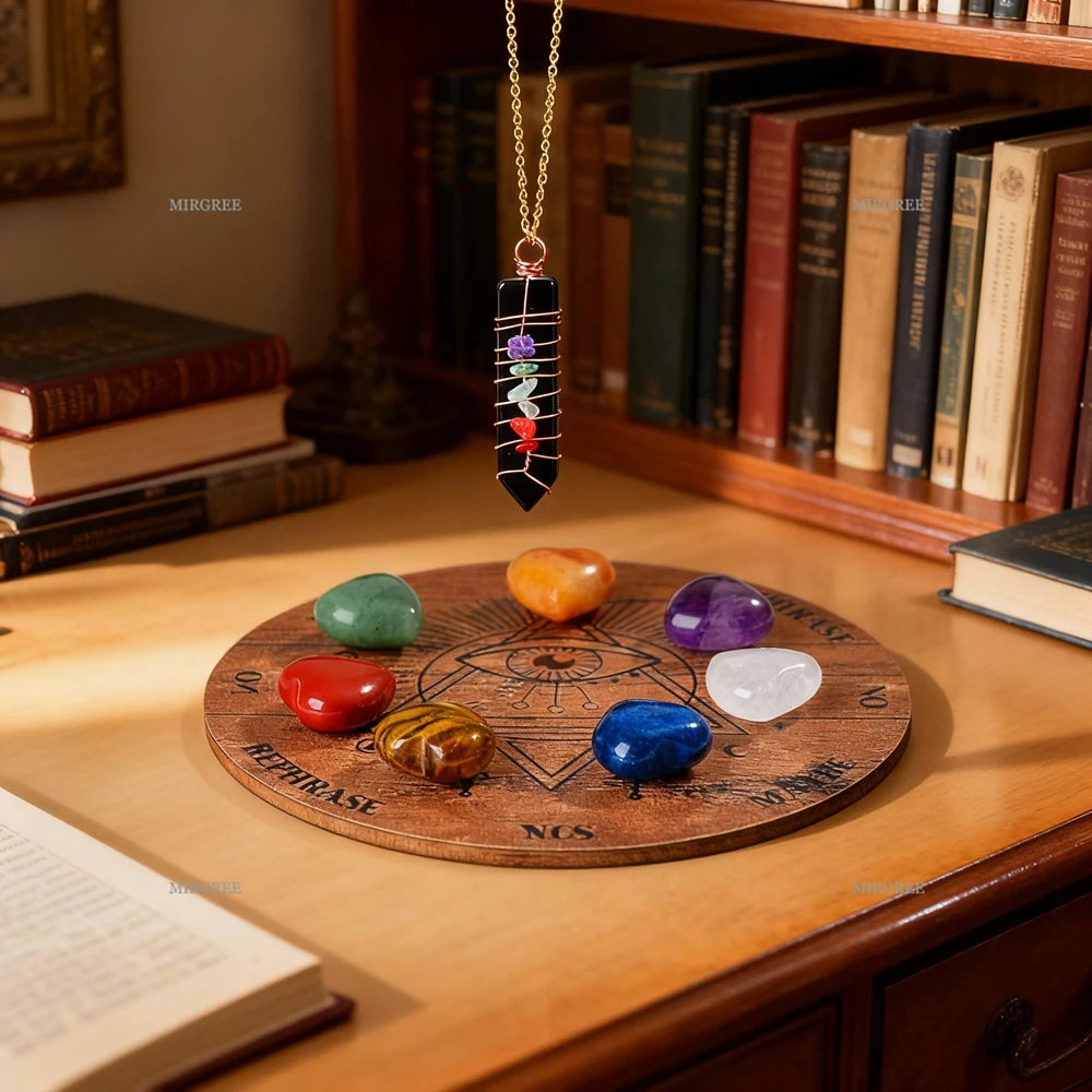 Un jeu de divination spirituelle avec diverses cristaux et un pendentif orné, présenté sur une surface en bois.