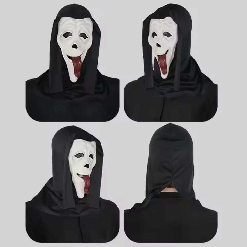 A set of black screaming skeleton horror masks with white faces and red tongues displayed against a light gray background.