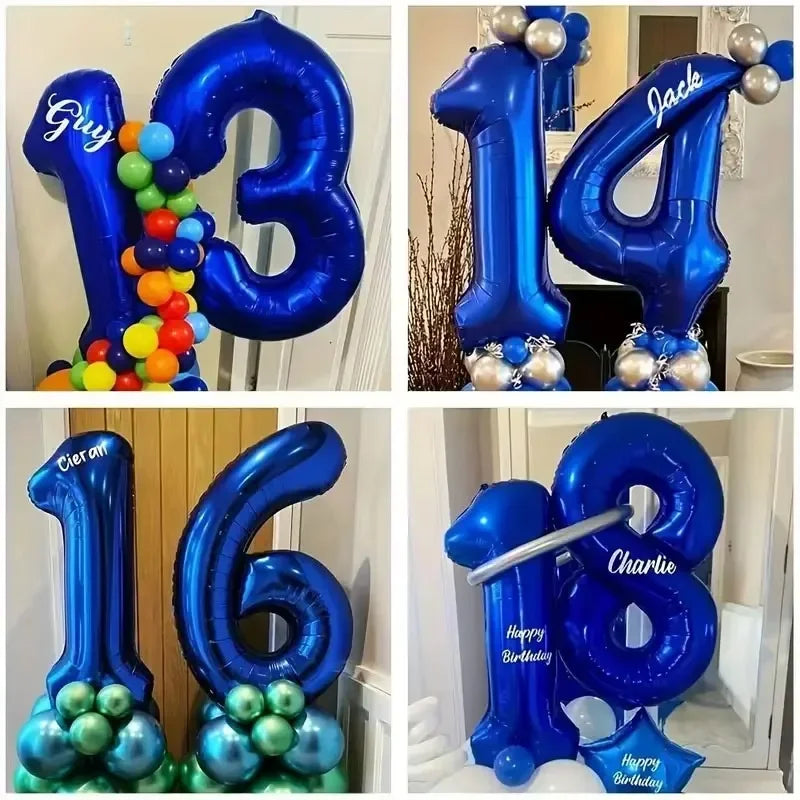 A collection of large blue foil number balloons spelling out 13, 14, and 16 for birthday party decor.