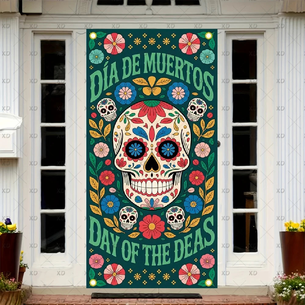 A door cover featuring a vibrant sugar skull design for Día de Muertos, with colorful flowers and skulls.