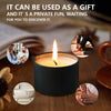 A dark green aromatherapy massage candle with a lit wick sits on a wooden surface, surrounded by small inset images showing u